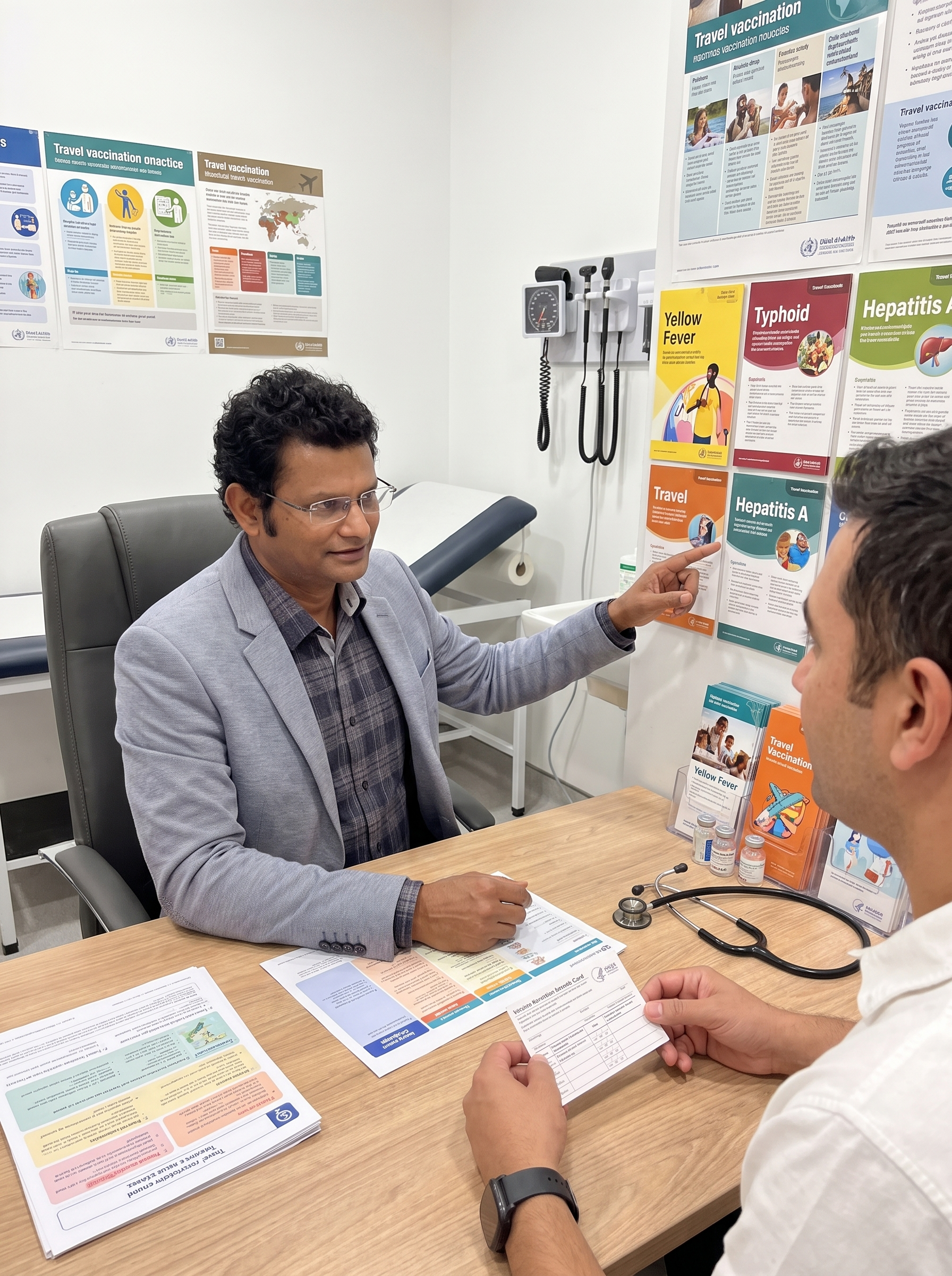 A GP talking a patient through travel vaccination information in a consulting room with travel health posters on the wall