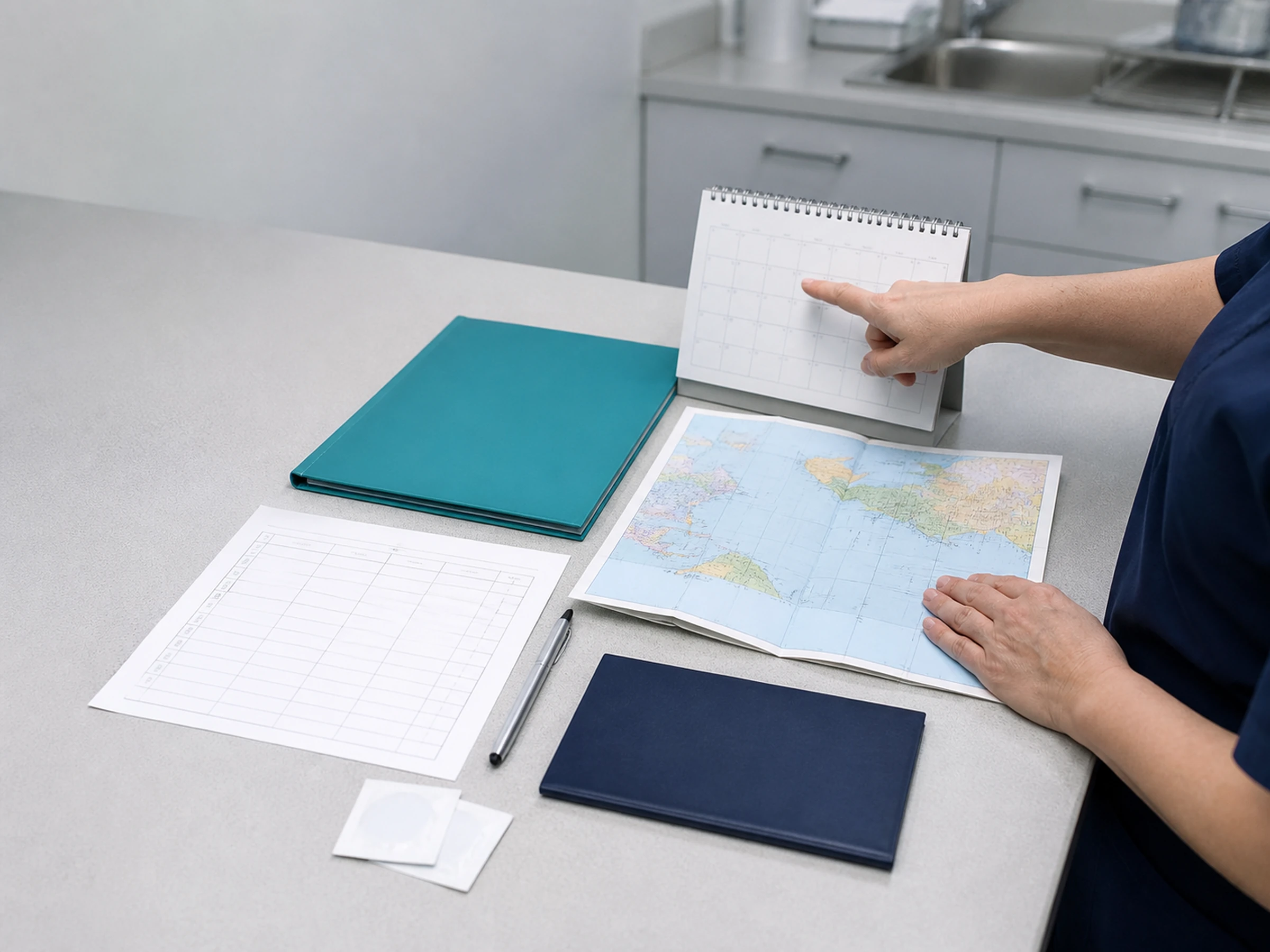 A clinician pointing to a desk calendar beside a world map, vaccination record form and travel folders